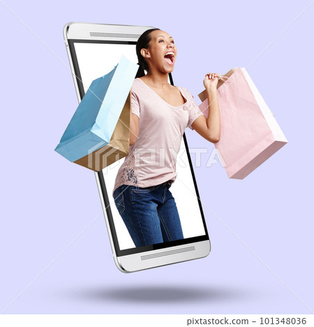 Woman, phone and screen on mockup for online shopping, ecommerce or celebration for sale against a studio background. Happy female shopper with bags on mobile smartphone display for online purchase 101348036