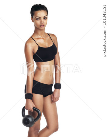 Exercise, portrait or strong black woman with kettlebell for fitness goals, weight loss diet or bodybuilding. Health wellness studio, arm workout or training athlete girl isolated on white background 101348153