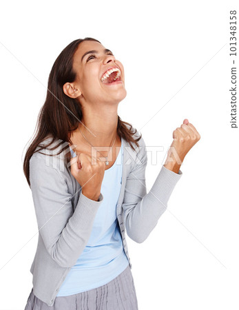 Success, wow and winner girl in studio with career victory, surprise and milestone with excited scream. Celebration, happiness and achievement of young business woman on isolated white background. 101348158