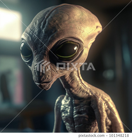 Alien attack or abduction or in a UFO space ship, visitor or scary world or universe with invasion, technology and martians. A close up or portrait of aliens for horror, strange and special effects. 101348218