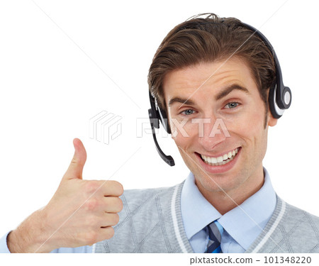 Contact us, crm worker portrait and thumbs up hand sign of consultant help showing support. Thank you, success and yes hands gesture of customer service employee happy with white background mockup Contact us, crm worker portrait and thumbs up hand sign of consultant help showing support. Thank you, success and yes hands gesture of customer service employee happy with white background mockup 101348220