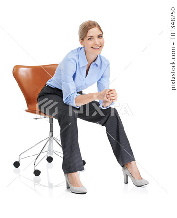 Portrait, smile and business woman on chair in studio isolated on white background. Ceo, boss and happy, confident and proud female employee from Canada sitting on seat with vision or success mindset Portrait, smile and business woman on chair in studio isolated on white background. Ceo, boss and happy, confident and proud female employee from Canada sitting on seat with vision or success mindset 101348250