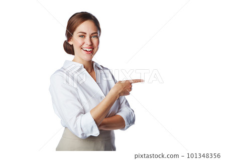Banner, mock up and business woman pointing finger isolated against a studio white background. Happy, confident face and smiling corporate employee showing copyspace gesture for a promo deal 101348356