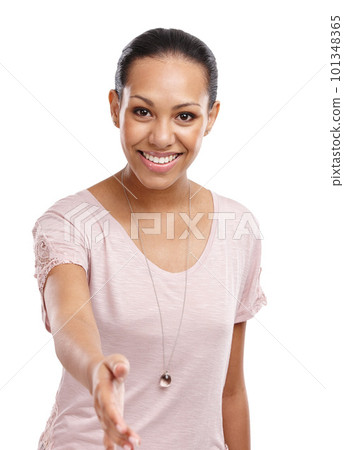 Handshake, happy and portrait of a woman in a studio for greeting, welcome or agreement. Friendly, happiness and female model with a shaking hands gesture for a deal isolated by a white background. Handshake, happy and portrait of a woman in a studio for greeting, welcome or agreement. Friendly, happiness and female model with a shaking hands gesture for a deal isolated by a white background. 101348365