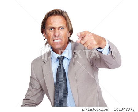 Hand point, angry and corporate man portrait of a business manager feeling frustrated. Isolated, white background and anger of a upset ceo person from work in a suit with job problems and conflict 101348375