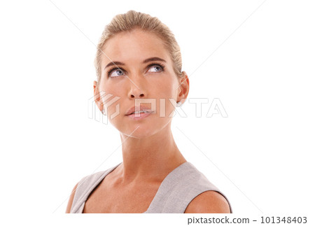 Thinking business woman, face and ideas on isolated white background for growth target, recruitment or hiring goals. Human resources, hr and corporate worker with vision, we are hiring or innovation 101348403
