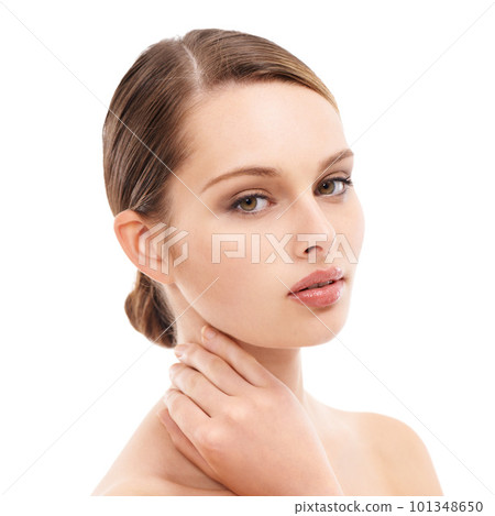 Woman, portrait or beauty skincare with makeup cosmetics, dermatology self love or healthcare wellness routine. Zoom, model or face with facial glow, healthy collagen or hairstyle on white background Woman, portrait or beauty skincare with makeup cosmetics, dermatology self love or healthcare wellness routine. Zoom, model or face with facial glow, healthy collagen or hairstyle on white background 101348650