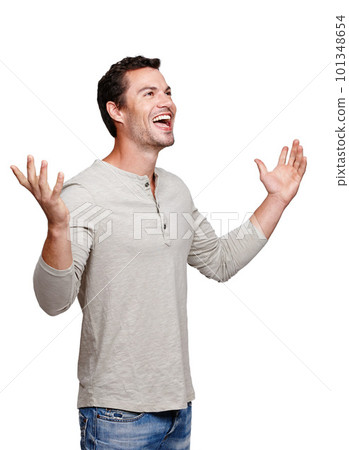 Happy, smile and man with hands, palms and winning hand gesture in the air white white background. Isolated, model and excited winner sign of a person with open hands looking up and standing vertical 101348654