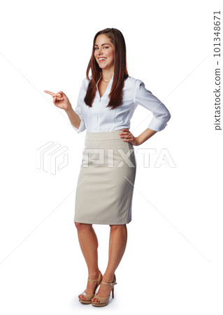 Smile, pointing and body portrait of woman with mockup, product placement and isolated on white background. Advertising, marketing promotion and space, happy woman and product launch news in studio. 101348671