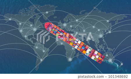 Container ship carrying container for business freight shipping import and export, Aerial view container ship arriving in commercial port. Container ship carrying container for business freight shipping import and export, Aerial view container ship arriving in commercial port. 101348692