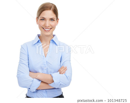 Leadership, arms crossed and portrait of business woman in studio on white background mock up. Face, boss and smile of happy, confident and proud female from Canada with vision and success mindset. 101348725