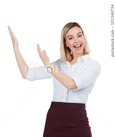 Advertising, promotion and woman on a white background with hand for deal, discount and display sign. Mockup, presenting and isolated girl with gesture for showing, information and product placement 101348734