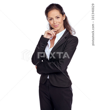 Business woman, success and lawyer smile in portrait with vision and mindset isolated on white background. Career, corporate legal employee and professional mockup, female attorney and law advocate 101348829