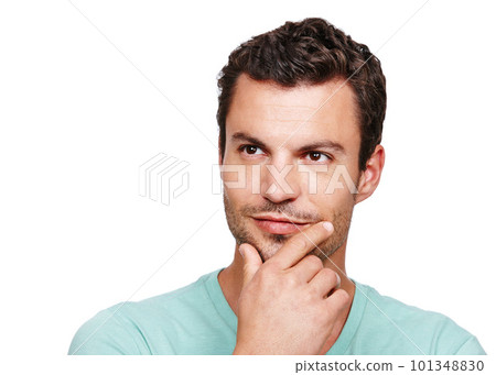 Man, serious face and thinking hands in white background for idea planning, inspiration mindset and thoughtful ideas. Person, vision success and mindfulness, pensive doubt or worry isolated in studio 101348830