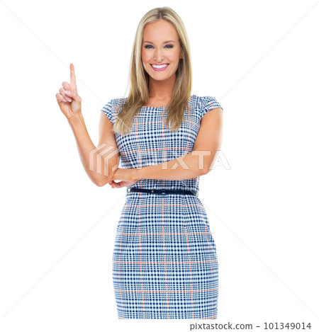 Beauty, fashion and pointing with portrait of woman for style, elegant or happiness. Natural, isolated and confident with face of girl model for feminine, smile and happy with mockup studio 101349014