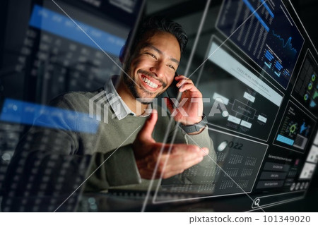 Dashboard, stock market overlay or man on a phone call talking about trading data or investment stocks. Hologram, smile or happy trader with digital ui or ux on software for financial growth at night 101349020