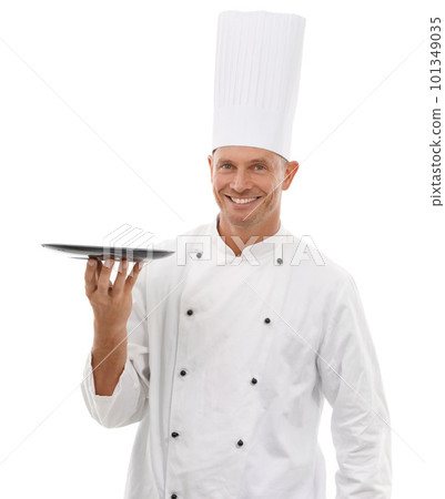 Portrait of chef, empty tray and smile, presenting menu special promo deal or restaurant product placement. Happy cafe, cook and man in uniform with mock up isolated on white background in studio. Portrait of chef, empty tray and smile, presenting menu special promo deal or restaurant product placement. Happy cafe, cook and man in uniform with mock up isolated on white background in studio. 101349035