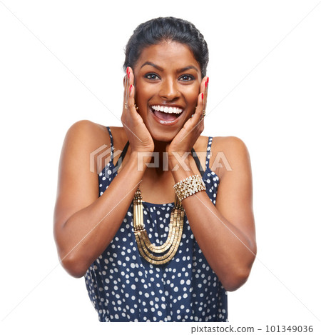 Im so happy to see you. Studio shot of an attractive woman against a white background. Im so happy to see you. Studio shot of an attractive woman against a white background. 101349036