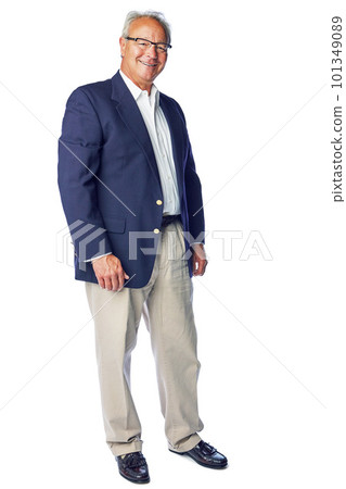 Portrait, happy and senior businessman in studio for vision, mission and work on white background. Elderly, ceo and man standing and proud of business success or startup, posing and isolated 101349089