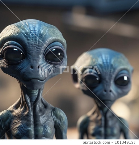 Alien attack or abduction or in a UFO space ship, visitor or scary world or universe with invasion, technology and martians. A close up or portrait of aliens for horror, strange and special effects. 101349155