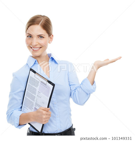 Business woman, portrait or hand clipboard in contract promotion, recruitment advertising or palm brand marketing. Smile, happy worker or hr manager showing mock up space on isolated white background 101349331