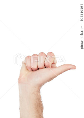 Hand, communication and man thumb pointing in a studio for sign language, direction or counting. Finger, body language and man with a hand gesture isolated by a white background with mockup space. 101349361
