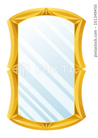 Gold mirror. Decorative vintage wall mirror, old fashion decor mirrored frame. Reflective mirror surface in golden frame. Fashioned rectangular ornate interior object, vector illustration Gold mirror. Decorative vintage wall mirror, old fashion decor mirrored frame. Reflective mirror surface in golden frame. Fashioned rectangular ornate interior object, vector illustration 101349450