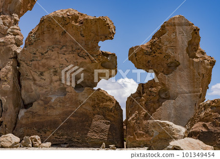 Rock formations in Bolivia at 16,000 feet elevation, carved by constant wind 101349454