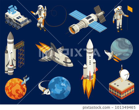Spaceship isometric. Space elements set with earth planet, astronauts, satellite. Space exploration images, artificial satellite and planets. Creative elements, color web icons for infographics 101349465