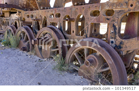 Abandoned train at the Train Graveyard in the Bolivia Salt Flats Abandoned train at the Train Graveyard in the Bolivia Salt Flats 101349517