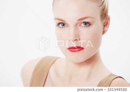 Making a statement with my make up. Portrait of an attractive blonde woman wearing bright red lipstick. 101349580