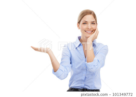 Business woman, portrait and hand mockup while excited for product placement or advertising space. Happy female entrepreneur with open palm for a promotion, discount offer or branding for startup 101349772