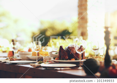 Food, table and traditional celebration on a patio with no people for thanksgiving, party and a fun gathering setup for family at home. Turkey, chicken and dining table ready for family lunch outdoor 101349933