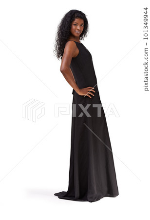 Fashion, elegance and portrait of Indian woman in dress on a white background in studio. Smile, classy and full body of a model with confidence and happiness in summer clothing on a studio background 101349944