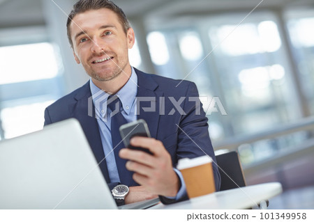 Accountant, phone or business man in airport for global invest strategy, finance growth or financial review. Manager, smile or travel male in lobby for social media, data analysis or economy research 101349958