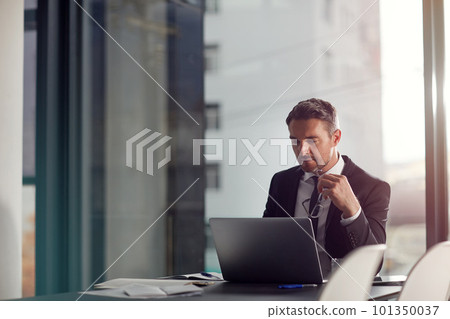 Laptop, thinking and boardroom with a businessman at work on research for future company growth. Computer, idea and innovation with a male employee or manager in his office with review his strategy Laptop, thinking and boardroom with a businessman at work on research for future company growth. Computer, idea and innovation with a male employee or manager in his office with review his strategy 101350037