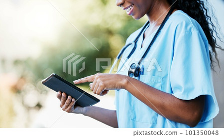 Black woman, doctor and tablet with smile for communication, research or 5G connection in the outdoors. Hands of African American female medical expert or nurse browsing on touchscreen for schedule Black woman, doctor and tablet with smile for communication, research or 5G connection in the outdoors. Hands of African American female medical expert or nurse browsing on touchscreen for schedule 101350048