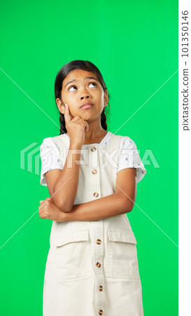 Girl, child and thinking of idea on green screen background with mockup space for plan or choice. Indian kid portrait in vertical studio with hand on chin planning, think or brainstoming decision 101350146