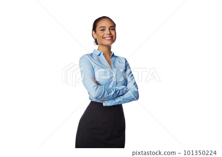 Happy, portrait and business woman in a studio with a luxury, classy and elegant work outfit. Fashion, smile and female model with corporate, fancy and office clothes isolated by a white background. 101350224