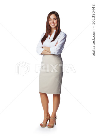 Isolated, business and portrait of woman with mockup in white background studio for management, leader and fashion. Happy, smile and confident with New York girl and arms crossed for career mindset 101350448