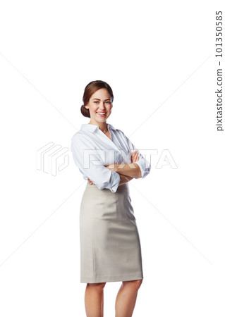 Isolated, business and portrait of woman with mockup in white background studio for management, leader and fashion. Happy, smile and confident with New York girl and arms crossed for formal and cute Isolated, business and portrait of woman with mockup in white background studio for management, leader and fashion. Happy, smile and confident with New York girl and arms crossed for formal and cute 101350585