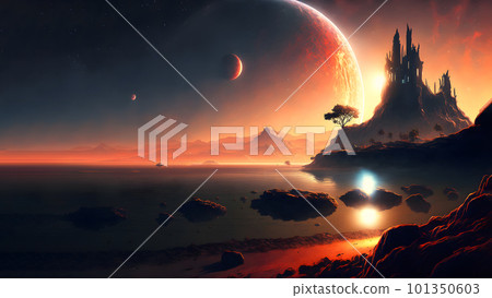 extraterrestrial landscape of seashore with fairy tale castle on rocks and close large planetoids in sunrise sky, neural network generated art 101350603