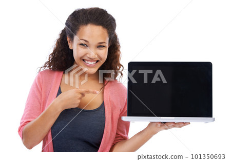 Woman in portrait with laptop mockup, technology and internet, wireless connection against white background. Female hand pointing, pc marketing and digital with website and tech product placement 101350693