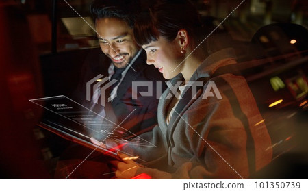Overlay, tablet and collaboration with a business team working on a ux interface while sitting in a car together. Digital, future or teamwork with a man and woman employee doing research on a commute Overlay, tablet and collaboration with a business team working on a ux interface while sitting in a car together. Digital, future or teamwork with a man and woman employee doing research on a commute 101350739