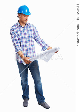 Mature architect going through blueprint. Full length of mature architect going through blueprint over white background. Mature architect going through blueprint. Full length of mature architect going through blueprint over white background. 101350811