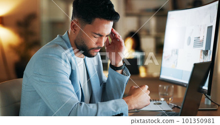 Stress, night and headache with businessman at desk for deadline, schedule or compliance. Tired, accountability and mental health with employee suffering with burnout, frustrated and overtime 101350981