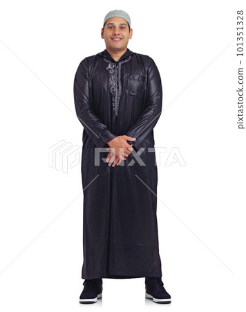 Muslim, religion and happy man portrait with a islamic dress with a smile about faith. White background, isolated and young arabic person smiling with happiness and culture in a studio alone 101351328