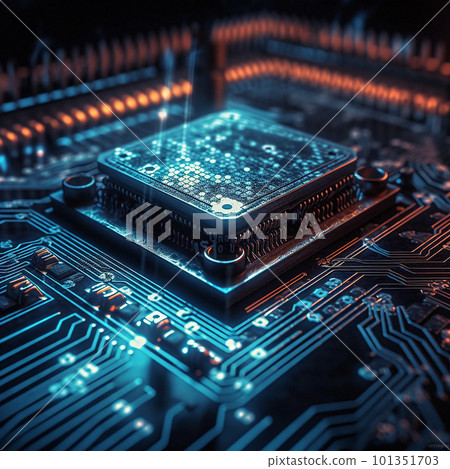 Computer hardware, CPU and circuit board with technology abstract, microchip and motherboard closeup. Cyber tech, cloud computing and processor, AI and digital drive with pc system and electronics Computer hardware, CPU and circuit board with technology abstract, microchip and motherboard closeup. Cyber tech, cloud computing and processor, AI and digital drive with pc system and electronics 101351703
