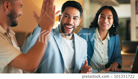 Business people, high five and computer success of staff in a meeting with applause. Diversity, target progress and excited and office staff clapping from company growth and teamwork progress Business people, high five and computer success of staff in a meeting with applause. Diversity, target progress and excited and office staff clapping from company growth and teamwork progress 101351722