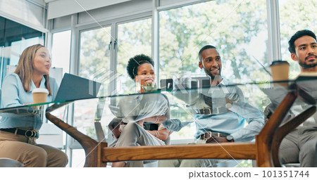 Business people, meeting and planning for strategy, brainstorming or schedule in the boardroom. Group of employee workers sharing ideas in team discussion, project plan or collaboration at the office 101351744